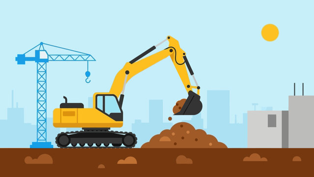 A construction scene featuring a yellow excavator digging earth, with a crane and buildings in the background.