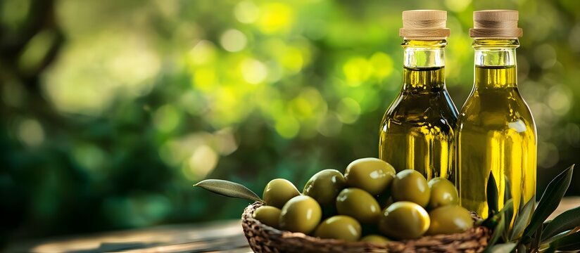 Extra virgin olive oil with green olives on a blurred background