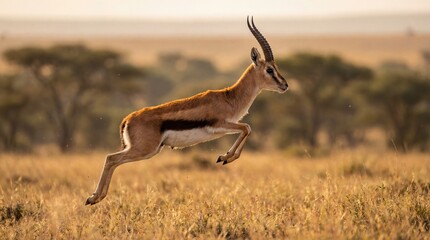Leaping Impala in Dynamic Motion with Golden Lighting on Savanna Grassland for Wildlife Photography