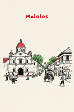 Malolos, Philippines Pen Line Art Illustration of City Landmark and Travel Scene