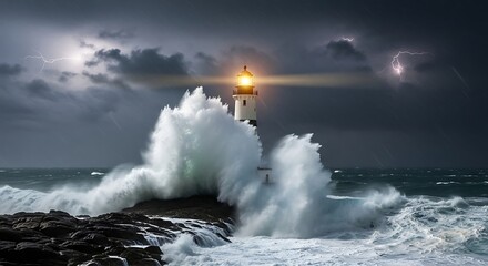 Lighthouse on Rocky Coast During Stormy Weather.