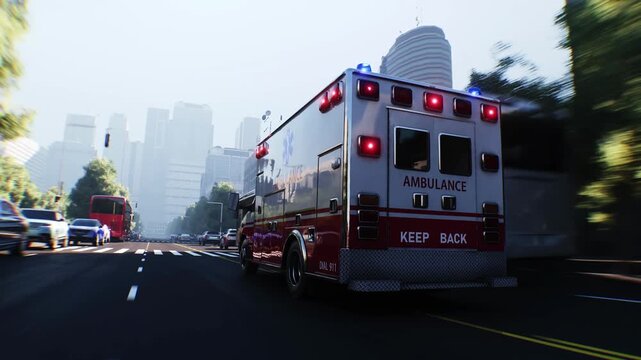 An ambulance driving fast on a city street. Realistic 4k animation.