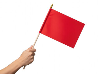 A hand holding a red flag on a white background isolated on transparent background