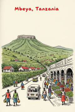 Mbeya, Tanzania Pen Line Art Illustration of City Landmark and Travel Scene
