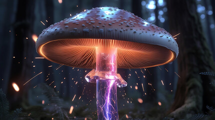Mystical glowing mushroom with sparkles in a dark enchanted forest