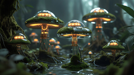 Mystical glowing mushrooms in an enchanted forest with a futuristic twist