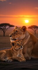Lioness and Cub Relaxing at Sunset Savannah.