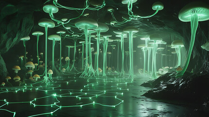 Mystical forest illuminated by glowing mushrooms and interconnected light paths