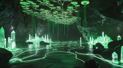 Mystical glowing forest with futuristic structures and vibrant green lights