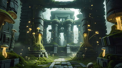 Mysterious ancient temple ruins with glowing green vegetation and artifacts