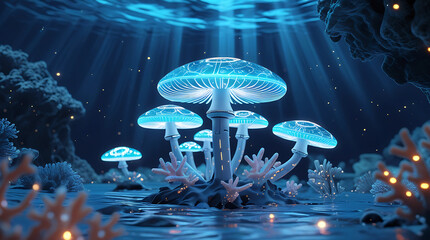 Enchanted glowing mushrooms in a mystical underwater forest scene