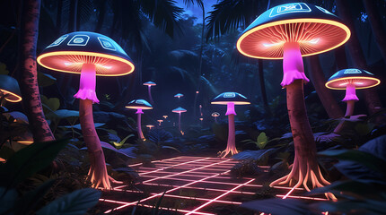 Enchanting forest with glowing mushrooms and illuminated pathways