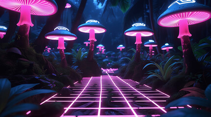 A surreal neon-lit pathway in a mystical forest with glowing mushrooms