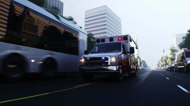 An ambulance driving fast on a city street. Realistic 4k animation.
