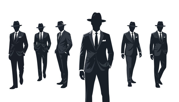 Group of mysterious men silhouettes in suits and hats walking