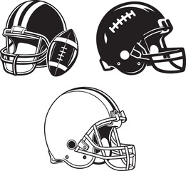 Fototapeta premium American football helmet outline. Sport equipment. Rugby helmet with ball, black Icon isolated on white. American Football Symbol