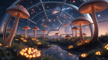 Whimsical forest with glowing mushrooms and starry night sky