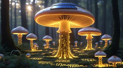 Enchanting forest scene with glowing mushroom-like structures and flying saucer