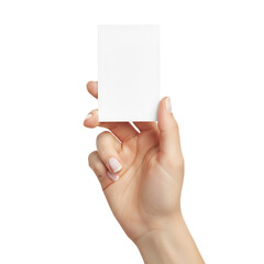 A female hand holding a blank vertical business card or flyer mockup isolated on white or transparent background