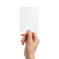 A female hand holding a blank vertical business card or flyer mockup isolated on white or transparent background
