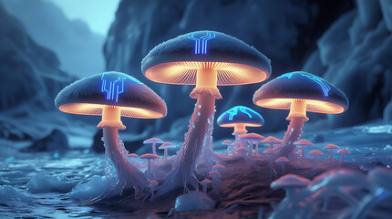 Mystical glowing mushrooms in a surreal landscape