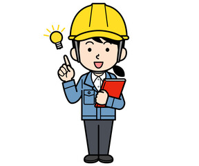 ファイルを持ってアイデアを閃くヘルメットをかぶった現場監督の女性