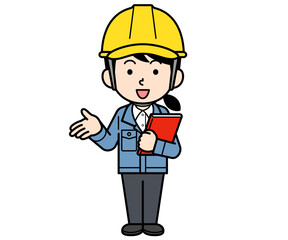 ファイルを持って説明するヘルメットをかぶった現場監督の女性