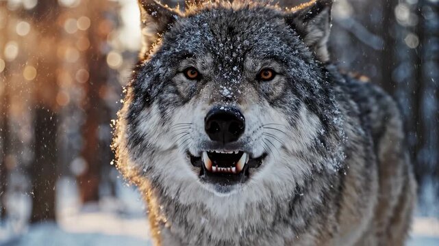 Closeup of a wolf in snowy forest