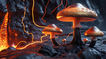 Glowing mushrooms in a dark, mystical cave with fiery lava streams
