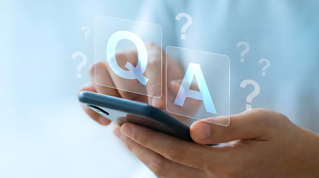 Close-up of hands holding a dark smartphone with glowing Q&A icons and question marks floating above, representing online support or frequently asked questions.