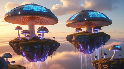 Futuristic floating mushroom islands in a vibrant sky at sunset