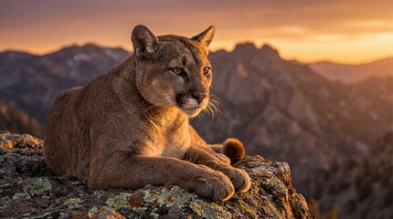 Mountain Lion in serene pose with warm golden lighting on rocky terrain for wildlife conservation