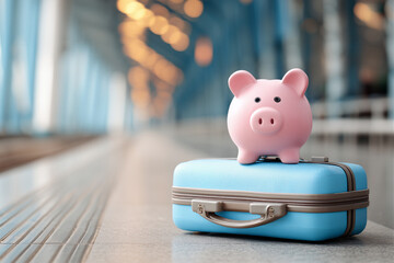 Piggy bank standing on a blue suitcase, representing travel savings, vacation funds, and financial planning for a journey