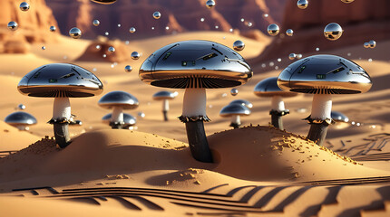 Reflective mushroom-like structures in a surreal desert landscape