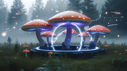 Mystical glowing mushrooms in an enchanted forest clearing