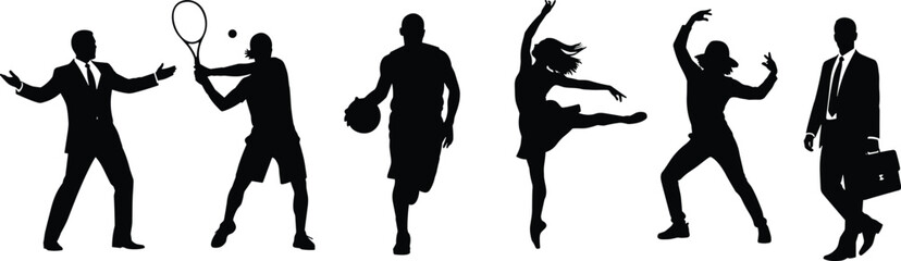 Businessman holding briefcase silhouette, tennis player action pose, basketball athlete walking, ballerina graceful dance, hip-hop dancer expressive move, professional speaker