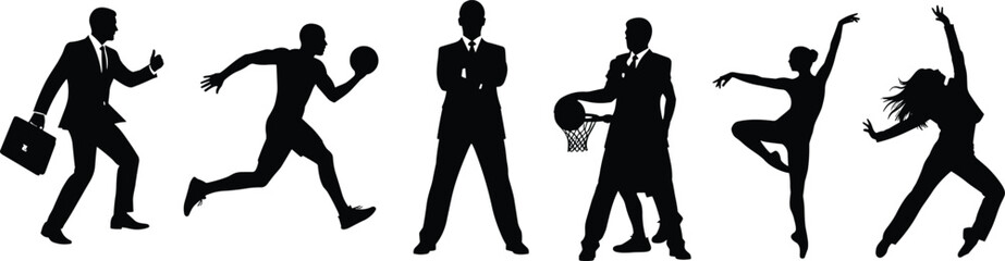 Businessman walking with briefcase silhouette, basketball runner athlete motion, confident business pose arms crossed, businessman with basketball hoop © Habiba