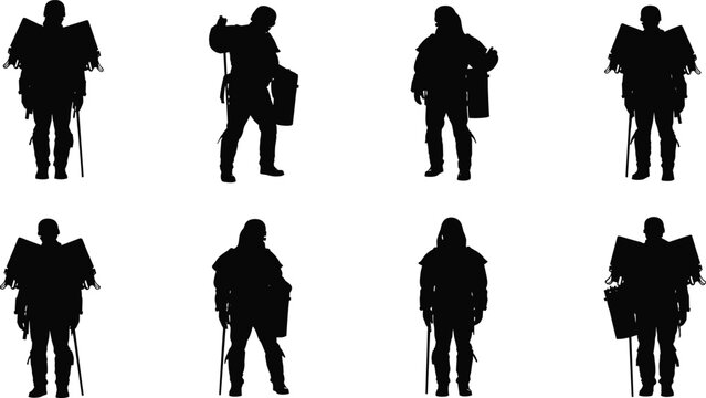 Riot police silhouette, law enforcement officers, protective gear illustration, shield and baton silhouettes, military crowd control, security authority figures