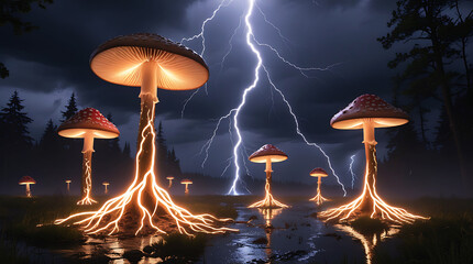 Mystical glowing mushrooms in a stormy forest with lightning striking