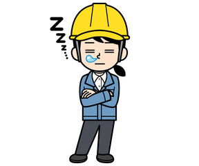 居眠りするヘルメットをかぶった現場監督の女性