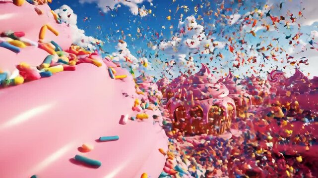 Whimsical Pink Frosted Cupcakes With Sprinkles Under A Bright Blue Sky With Clouds
