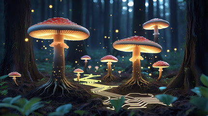 Enchanted forest with glowing mushrooms and fireflies at night