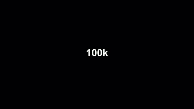 Number counter animation from 0k to 100k on a transparent background, Number counter animation from zero to one hundred thousand views with alpha channel
