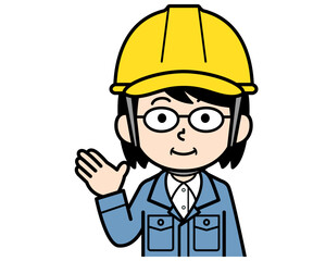 案内するヘルメットをかぶった現場監督の中年女性