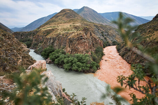 Two rivers with clear and muddy water merge in a mountainous canyon landscape. Meeting of waters phenomenon for ecology and travel concept.