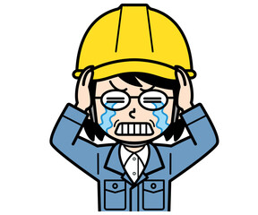 Obraz premium 頭を抱える涙を流すヘルメットをかぶった現場監督の中年女性