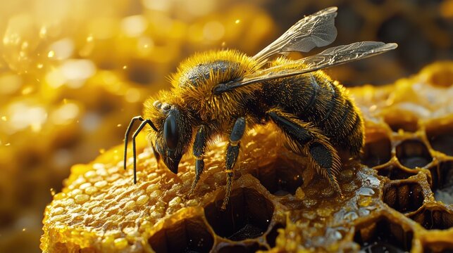 Close-up image of bee on honeycomb. The hexagonal structure of honeycomb, golden color and bee detail. Insect in apiary hive, concept of agriculture, honey production.