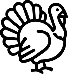 Fototapeta premium Black and white turkey silhouette illustration in profile with fanned tail feathers, symbolizing Thanksgiving, wildlife, and festive design