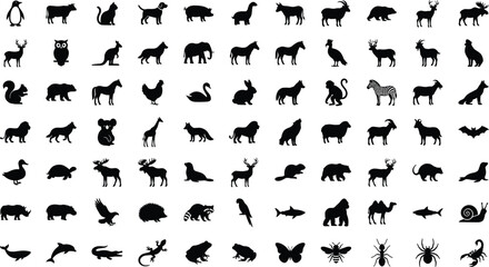 Black and white vector illustration grid of diverse animal silhouettes, stylized wildlife icons including mammals, birds, reptiles, insects, and marine species © Umme