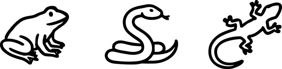 Fototapeta premium Black and white vector illustration of frog, snake, and lizard silhouettes, stylized reptile and amphibian icons for educational wildlife design use